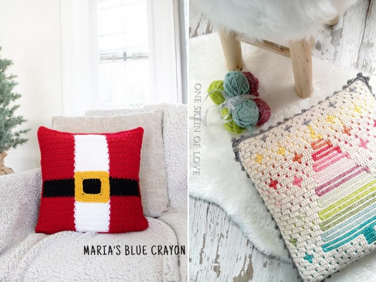 Free crochet patterns for winter pillows featuring Santa Claus.