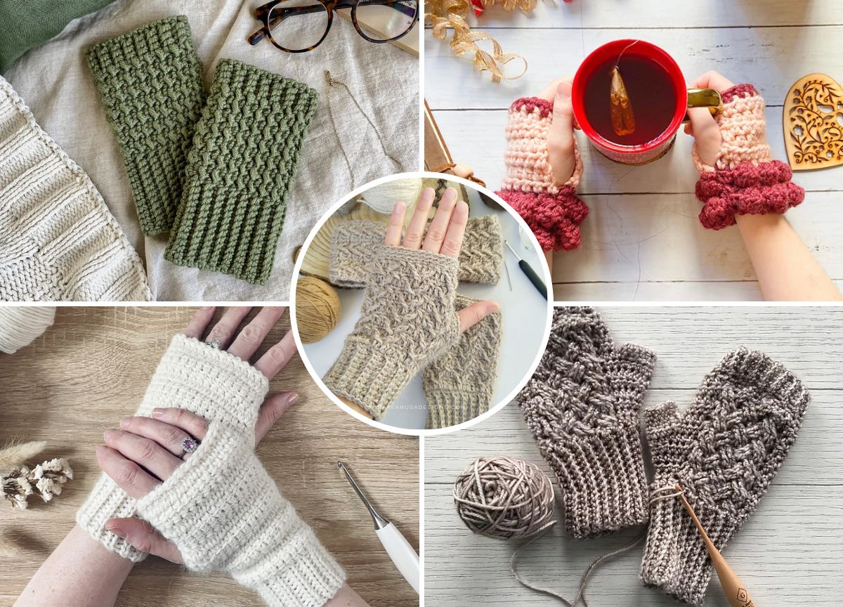 A collage of vibrant, crochet fingerless gloves and mittens in various styles, accompanied by a ball of yarn and crochet hooks.