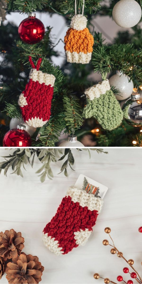 Two crochet christmas ornaments hanging on a tree.