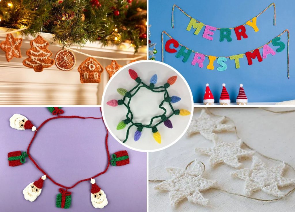 A collage of five handmade Christmas garlands, including gingerbread cookies, a "Merry Christmas" banner, gifts and stockings, Christmas lights, and Winter Crochet Garlands featuring delicate white stars.