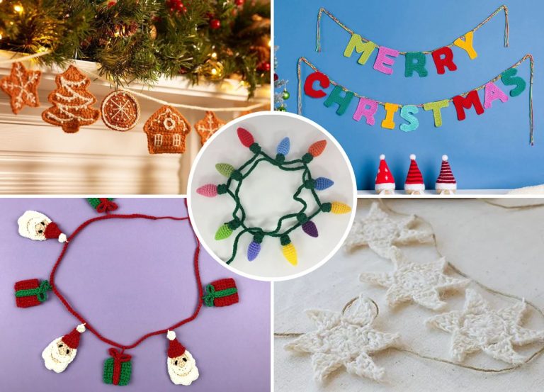 A collage of five handmade Christmas garlands, including gingerbread cookies, a "Merry Christmas" banner, gifts and stockings, Christmas lights, and Winter Crochet Garlands featuring delicate white stars.