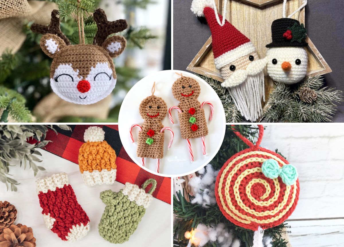 A festive collage of christmas crochet ornaments: a reindeer, Santa and snowman faces, gingerbread people, stockings and mittens, plus a round red-and-white swirl with a green bow.