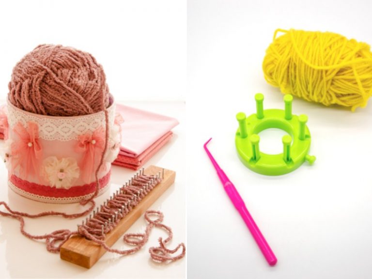 Two pictures of knitting needles and yarn.