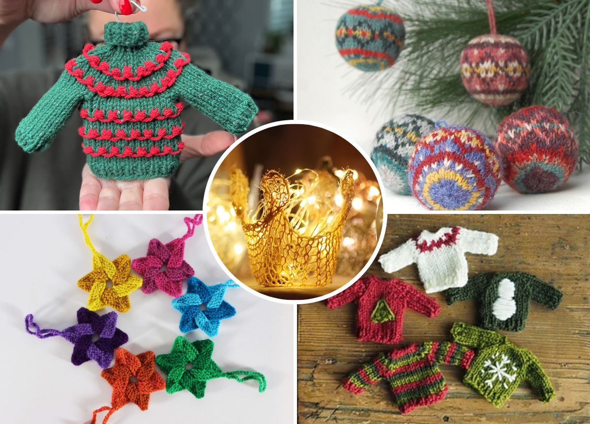 A collage of festive knitted ornaments, featuring sweaters, stars, and balls, surrounds a central image of radiant lights nestled in a decorative basket.