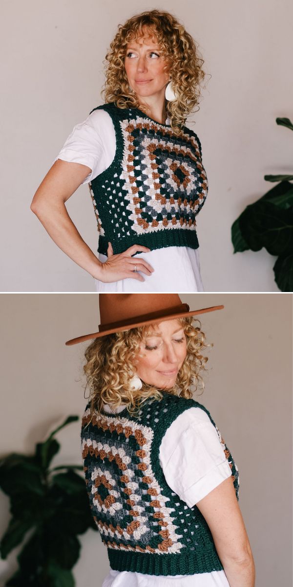 a woman in a white t-shirt and crochet granny square vest