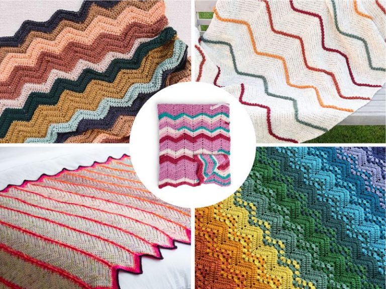 Five different crochet chevron blankets with zigzag patterns and various color combinations are displayed in a vibrant collage.