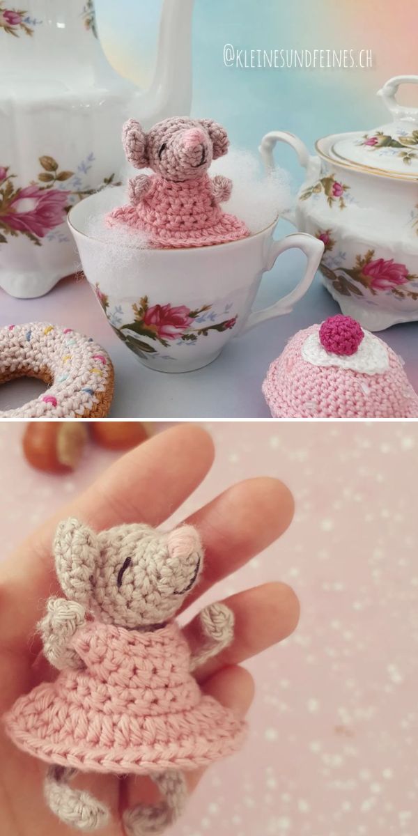 A small crocheted mouse in a pink dress sits in a teacup with matching china, pastries, and a teapot—perfect inspiration for c2c crochet blankets patterns. A close-up below shows the mouse held in a hand.