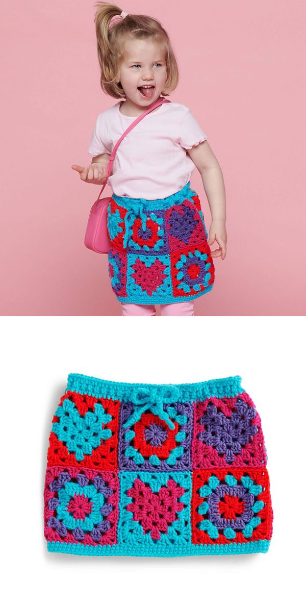 A young girl in a crochet skirt.