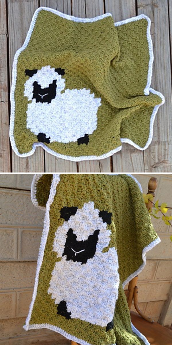 A crocheted blanket with a green background, white border, and a large white and black sheep design in the center, inspired by c2c crochet blankets patterns.