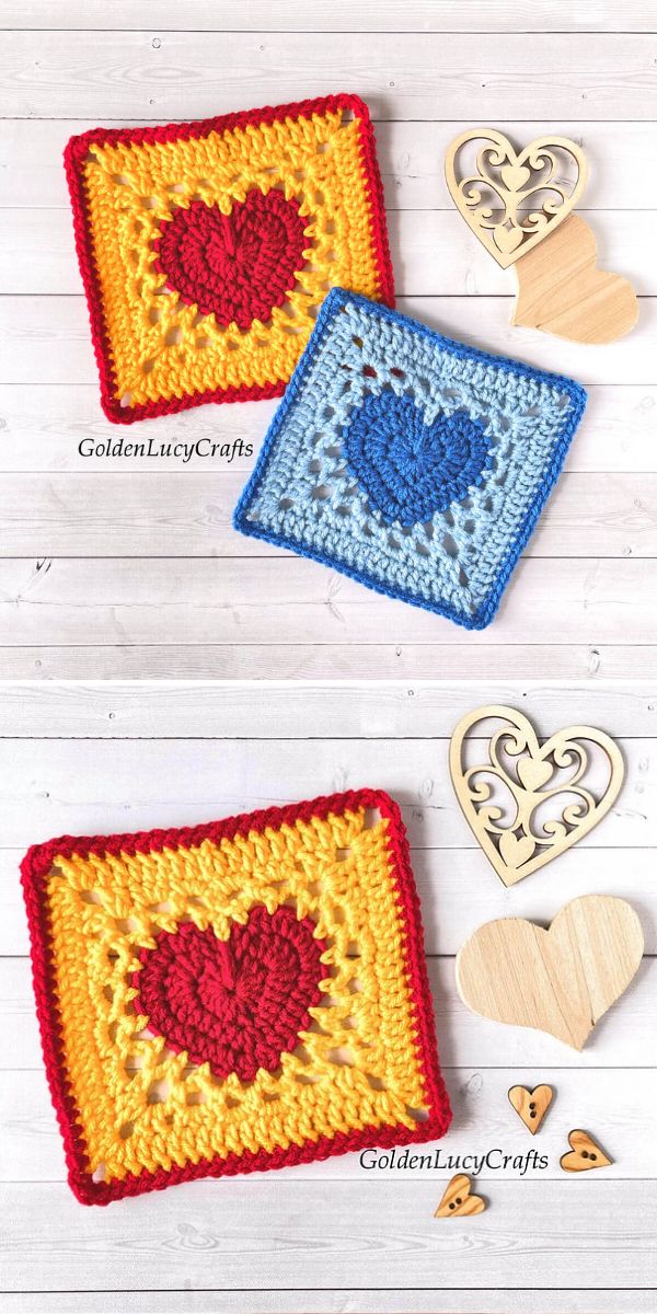 Two crocheted squares with hearts on them - perfect for your Heart Afghan CAL project!