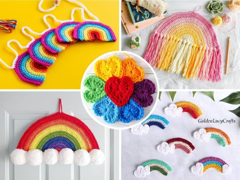 Collage of crocheted rainbow crafts, including wall hangings, flower coaster, crochet chevron blanket, and small rainbow appliques with cloud details.