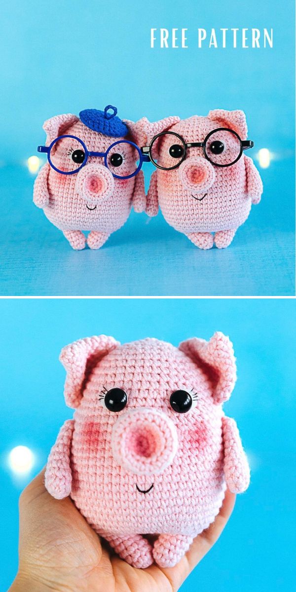 Two crocheted pink pig toys—one with a blue beret and glasses, the other with rosy cheeks—are displayed against a blue background, perfect companions for fans of c2c crochet blankets patterns.