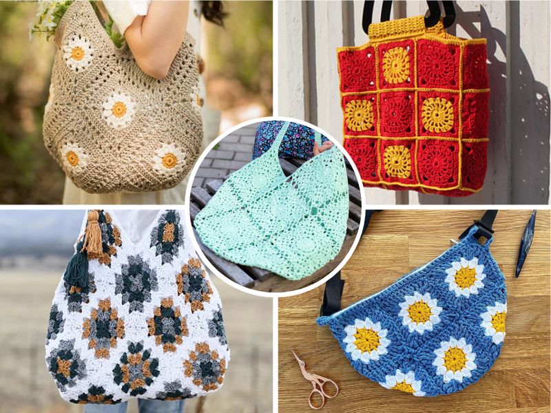 A collage of five different summer crochet bags in various patterns and colors, including floral designs and geometric shapes.