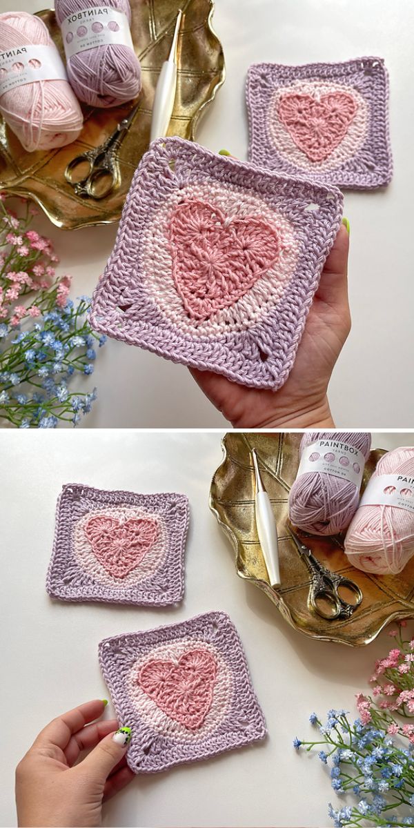 Two pictures of heart-shaped square afghan crocheted using free crochet patterns.