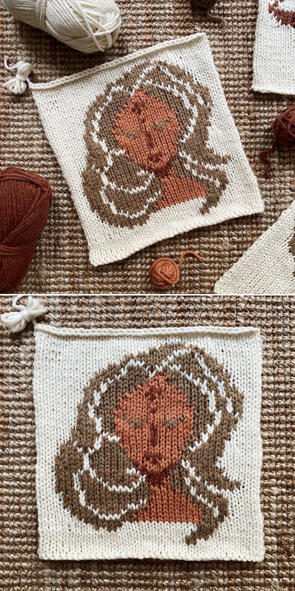 a knitted square with a woman's face virgo zodiac sign
