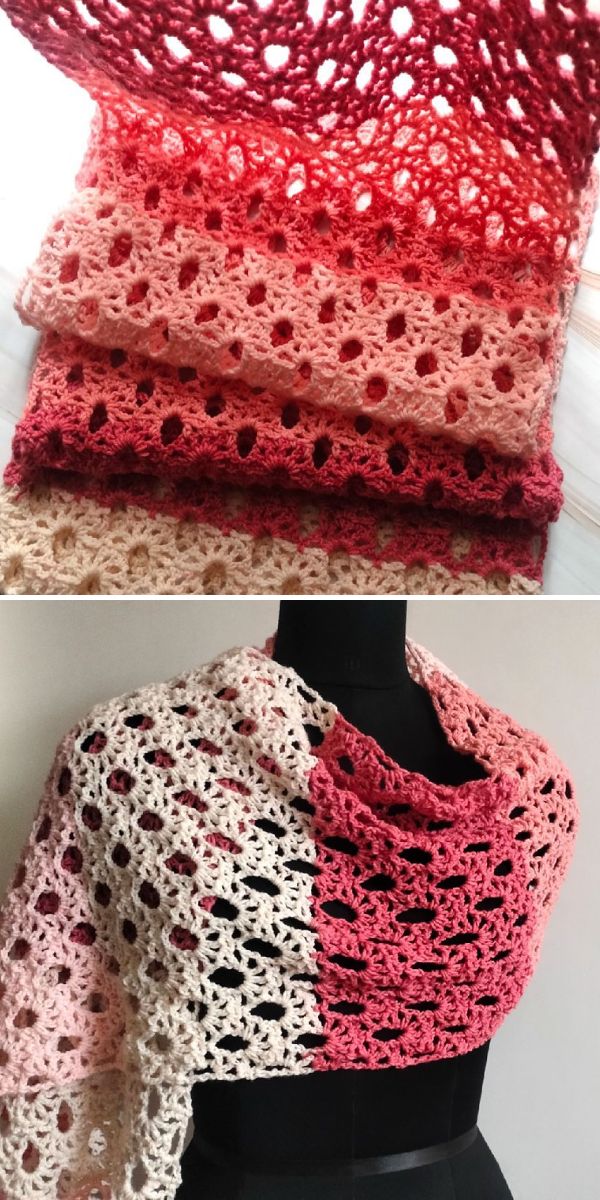 lacy crochet scarf in red and cream yarn