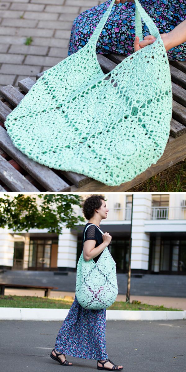 Two pictures of a woman holding a crocheted bag featuring summer vibes.