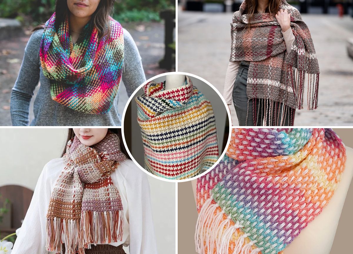 A vibrant collage of five crochet scarves showcases colorful patterns and textures, each adorned with fringe details.