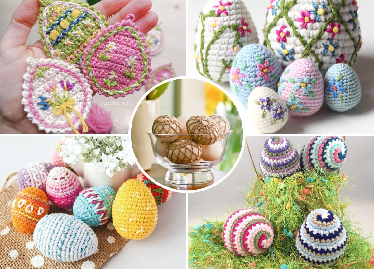 Crocheted Easter eggs in various colors.