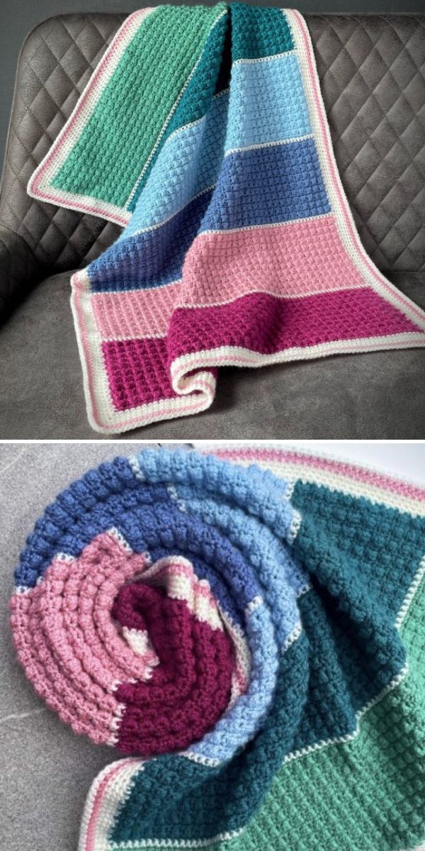 Crocheted afghans and blankets on a couch, including crochet baby blankets.