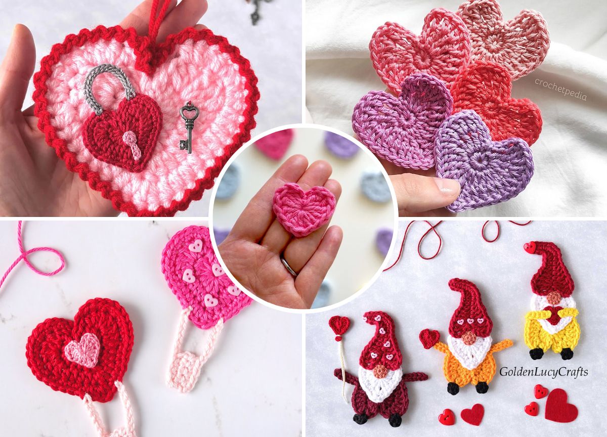 a collage of crochet heart appliques
