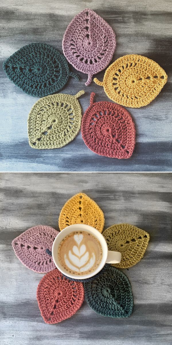 crochet leaf coasters in various colors