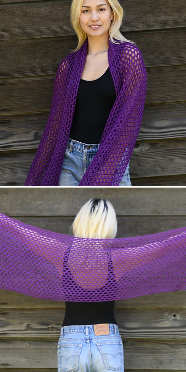 violet mesh knit shawl on a blonde model