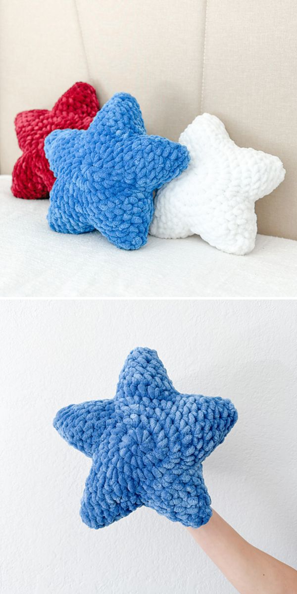 three crochet star pillows made with chenille yarn