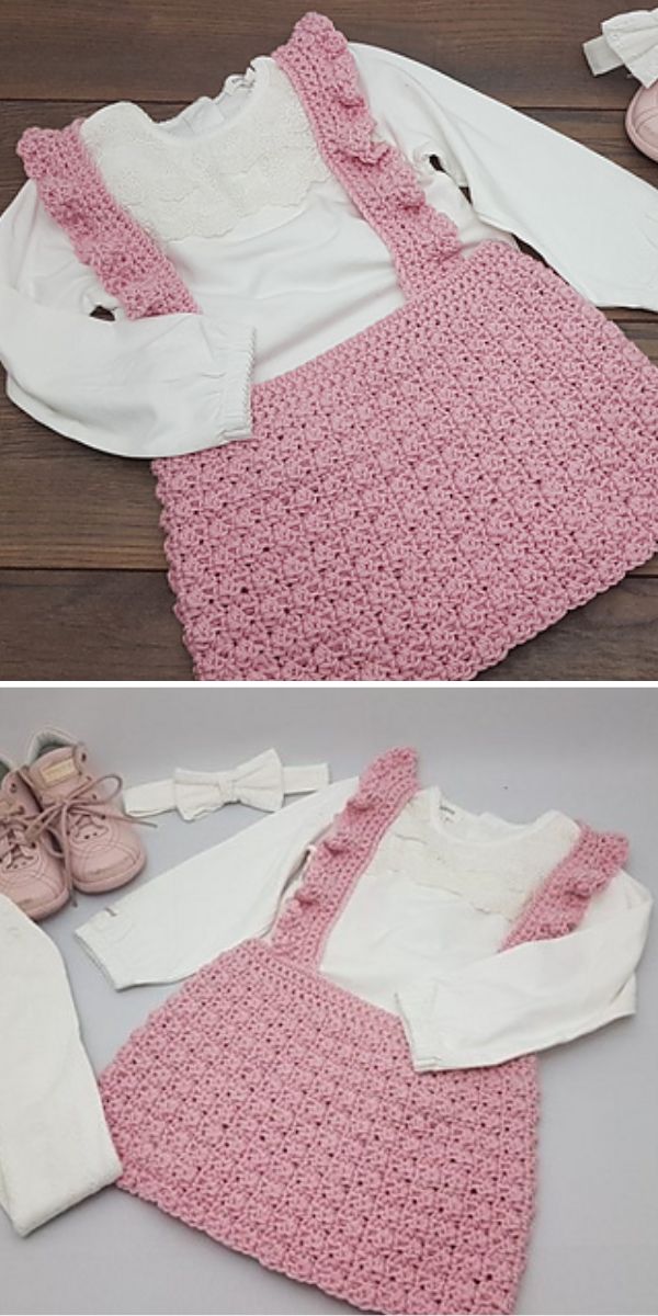 Two pictures of a pink crocheted dress and shoes with free patterns.