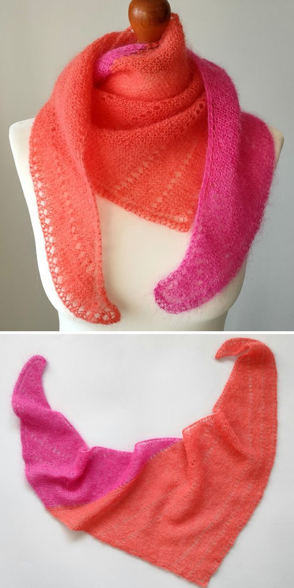 Two crochet pictures of a scarf in pink and orange.
