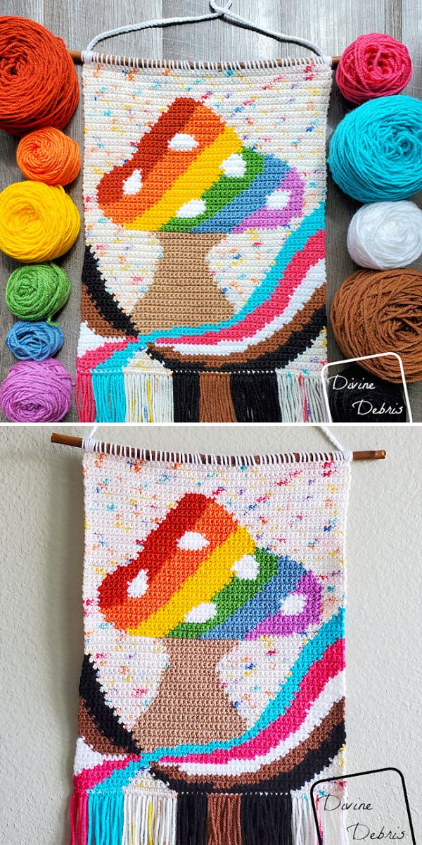 Two crochet wall hangings with a rainbow-colored mushroom design and subtle crochet celtic knot accents, surrounded by yarn balls in various colors. Both hangings feature a "Divine Debris" label.
