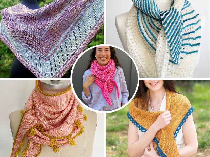 a collage of knitted lightweight shawls