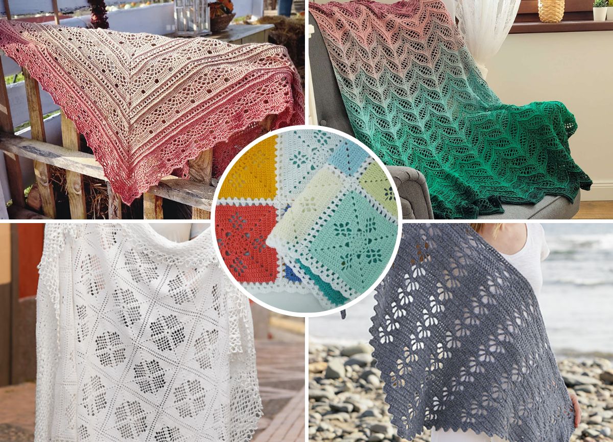 Various colorful crochet lace blankets and a swatch of yarn patterns displayed on furniture and a person by the beach.