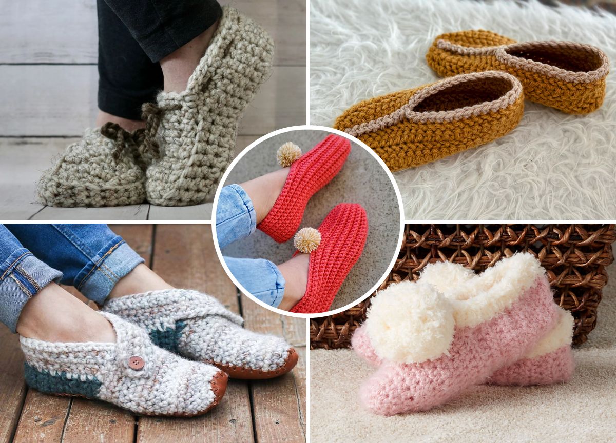 A vibrant collage of crochet slippers showcasing free crochet patterns in a mix of styles and colors—gray, mustard, red, blue, and pink—all adorned with charming decorations like buttons and pom-poms.