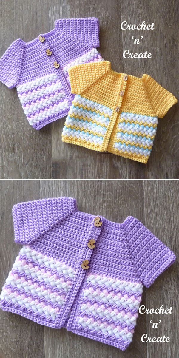 Two pictures of a crocheted cardigan featuring free crochet patterns.