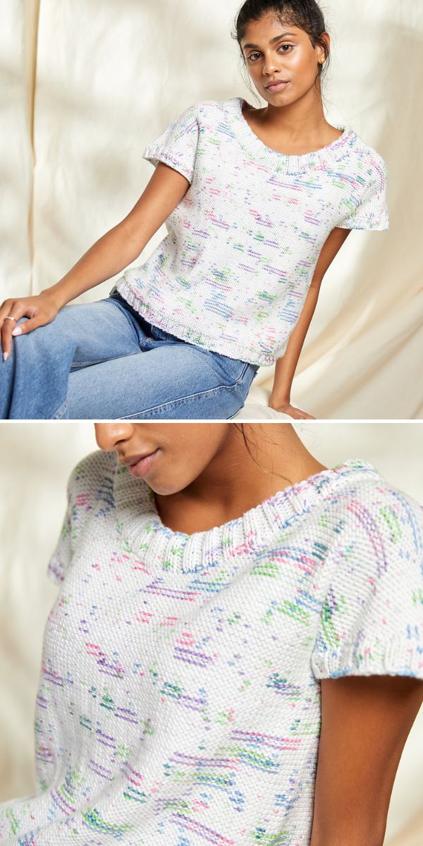 a woman in a white knitted top with colorful speckles