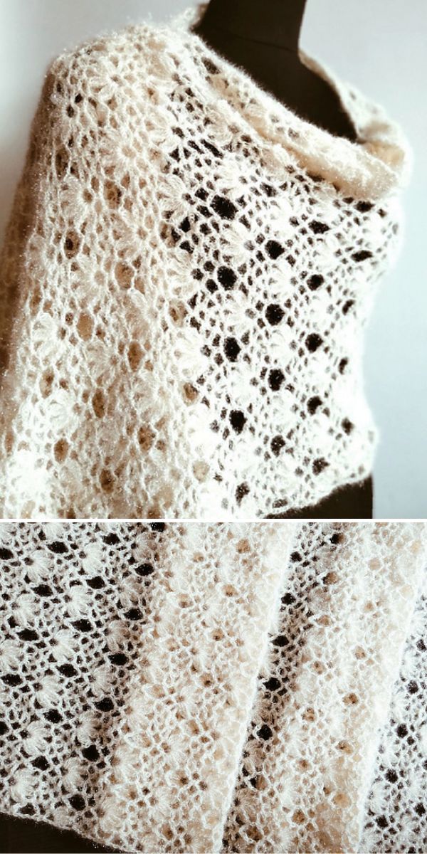 white lacy knitted shawl on a black mannequin