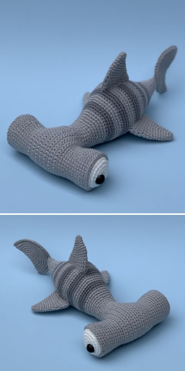 grey crochet toy in the shape of a hammerhead shark