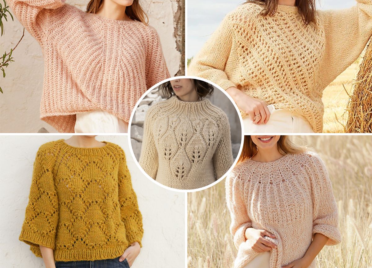 Collage of five women wearing various knitted pullovers in beige, pink, and yellow tones with different patterns and textures.