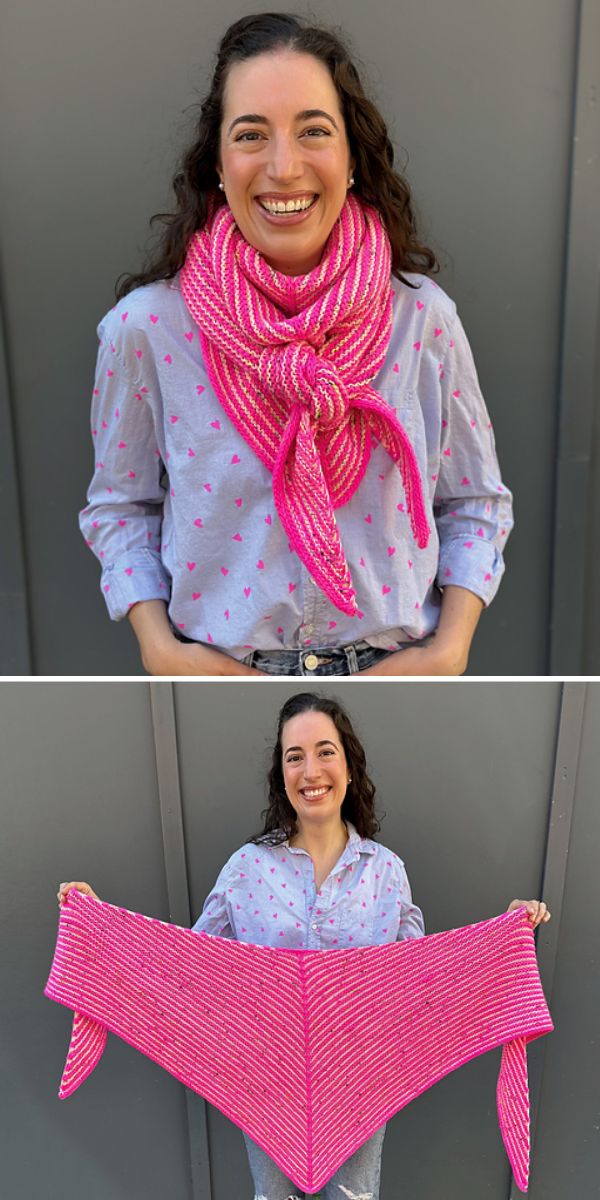 Two pictures of a woman holding a pink crochet shawl.