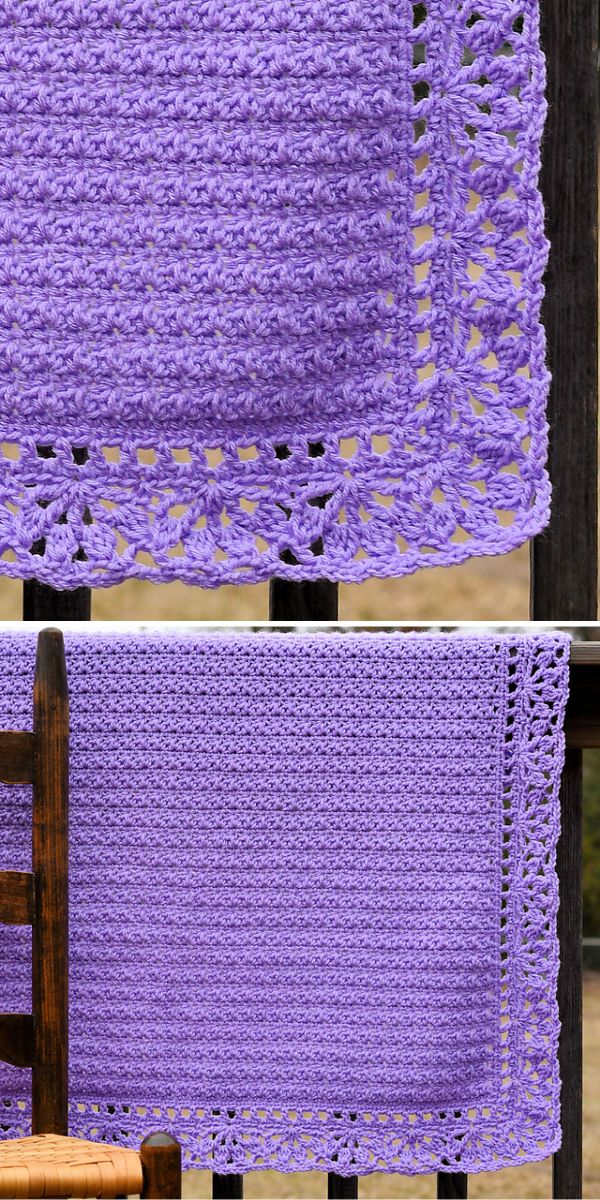 Two pictures of a lilac crochet blanket on a chair.