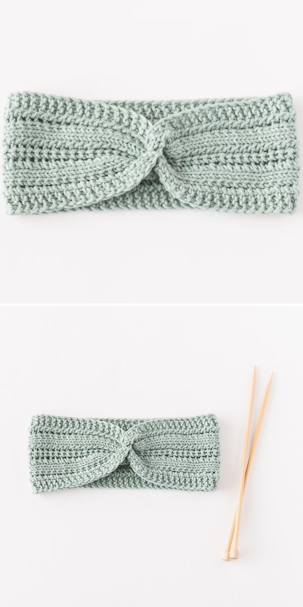 A light green knitted headband with a center twist inspired by a crochet Celtic knot, shown alone and next to two wooden knitting needles on a white background.