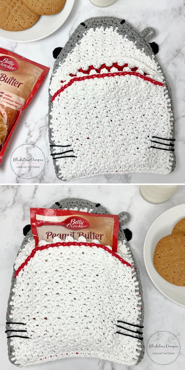 crochet potholder in the shape of a shark