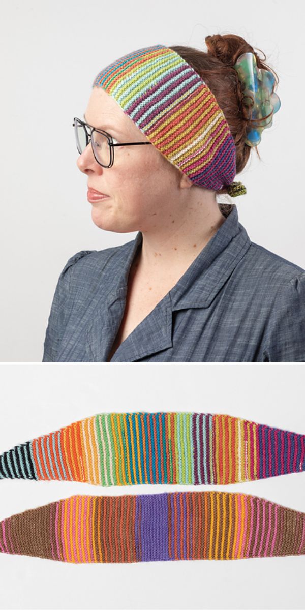 A woman wearing glasses models a wide, multicolored crochet headband. Below are two similar striped knit headbands laid flat, each featuring unique color patterns and a subtle celtic knot design.