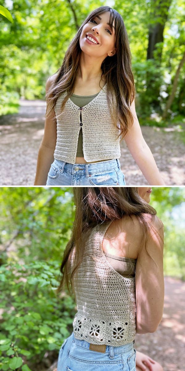 A woman outdoors wears a sleeveless crochet vest with a celtic knot pattern over a tank top and jeans; the first image shows the front, and the second shows the vest’s decorative back.