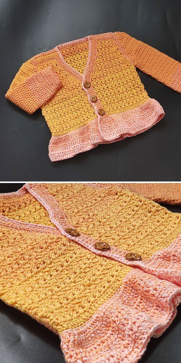 Two pictures of a crocheted cardigan with ruffles, featuring free crochet patterns for baby dresses.