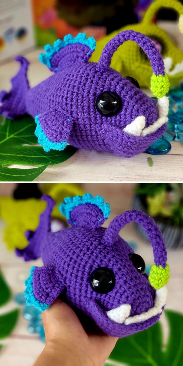 purple crochet toy in a shape of an angler fish
