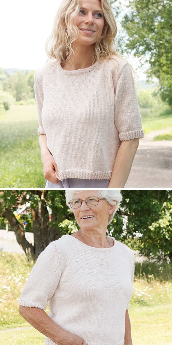 two models in the same white knitted top, one yound and one elderly