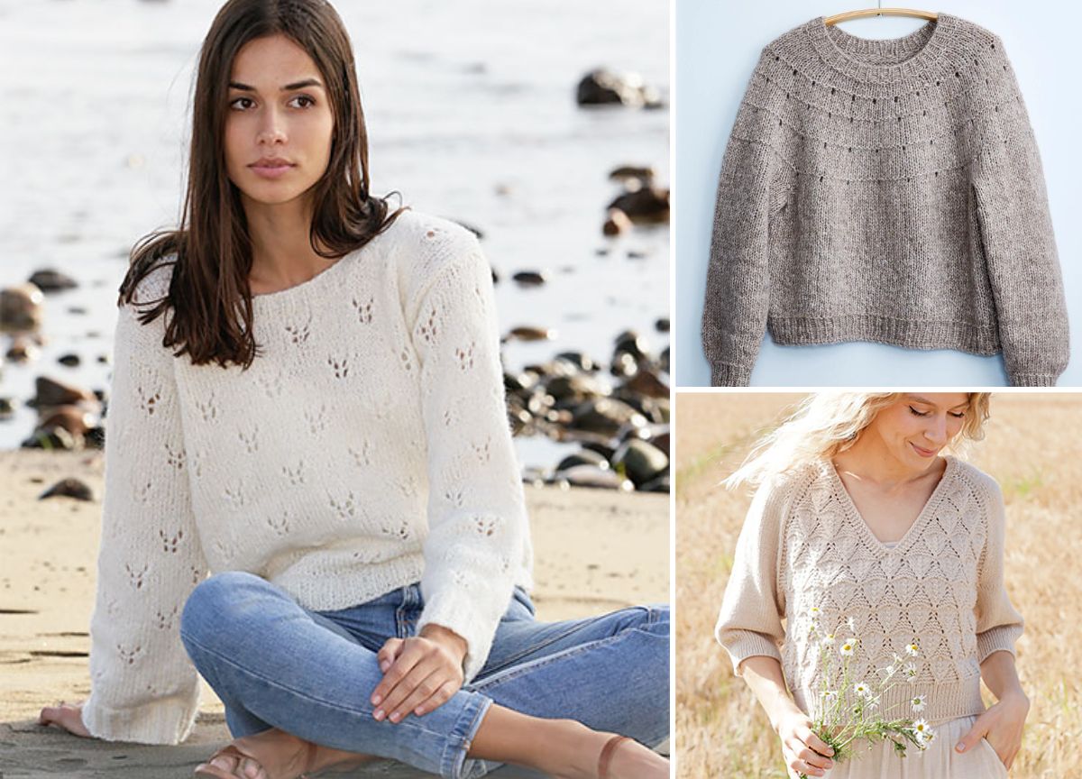 A woman sits on the beach in a white knitted pullover, surrounded by images of gray and beige sweaters, each showcasing intricate knitting patterns. One woman embraces a bouquet of flowers, perfectly complementing her cozy attire.