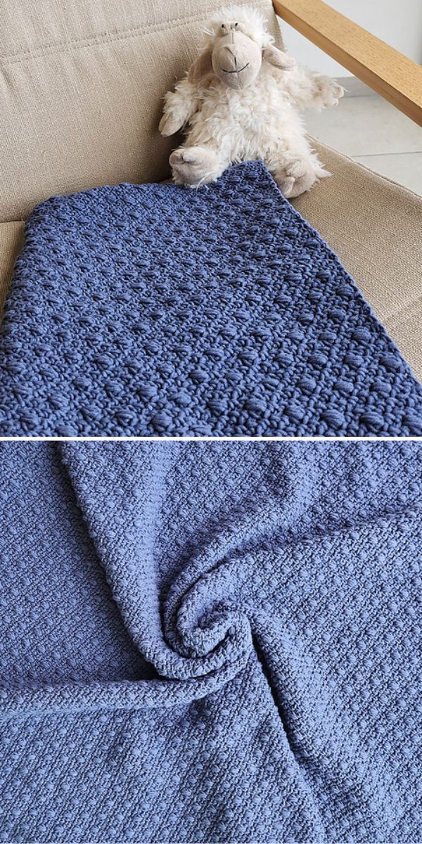 A blue linen stitch baby blanket with a teddy bear on it.